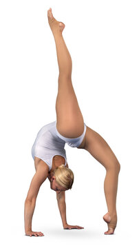 Woman in a white bodysuit doing a backbend isolated on white background