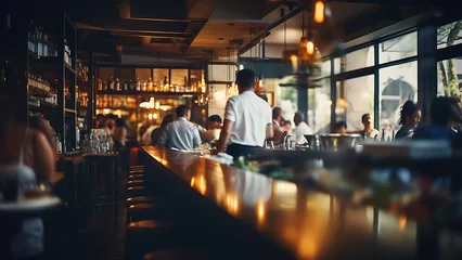 Foto op Canvas Blurred restaurant background with some people and chefs and waiters working. © Art.disini
