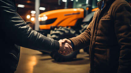 Buyer and dealer handshake at tractor dealership. - obrazy, fototapety, plakaty