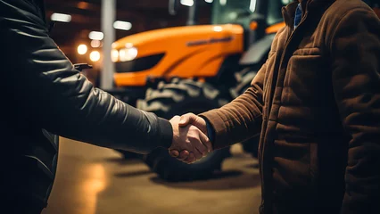Zelfklevend Fotobehang Buyer and dealer handshake at tractor dealership. © Art.disini