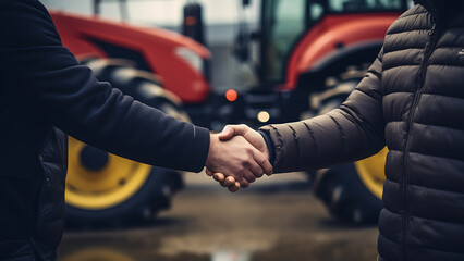 Buyer and dealer handshake at tractor dealership.