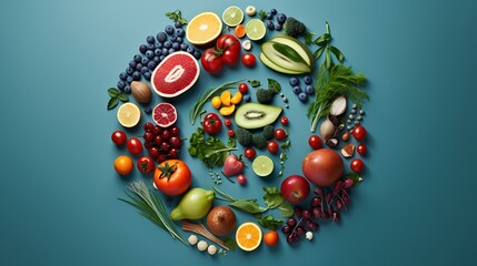 Fototapeta na wymiar Concept of a healthy lifestyle, wellness and nutrition. It features a vibrant composition of various berries, fruits, and vegetables, beautifully arranged and isolated on a clean, neutral background.