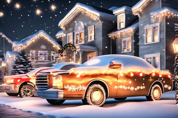Fototapeta premium Front door and house with beautiful Christmas decor. Generative Ai 