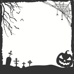 Halloween black frame illustration with spider net and tree silhouettes