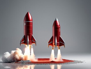 Two Rockets With Red And White Rockets On A Grey Background