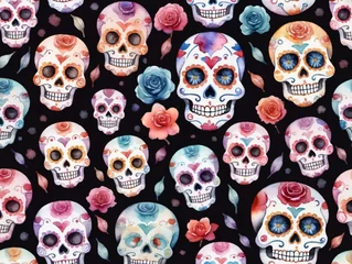 Rolgordijnen Schedel Watercolor Skulls And Roses Seamless Fabric