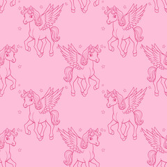 Obraz na płótnie Canvas Cute Pony with Wings Magical seamless pattern.Pink illustration