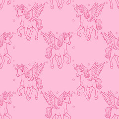 Cute Pony with Wings Magical seamless pattern.Pink illustration