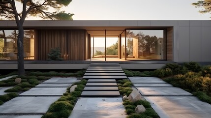 modern minimal house with a concrete walkway and natural playground