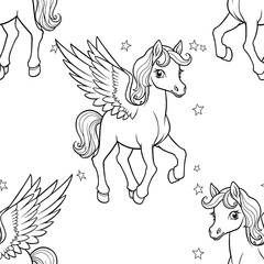 Cute Pony with Wings Magical seamless pattern.Black white illustration