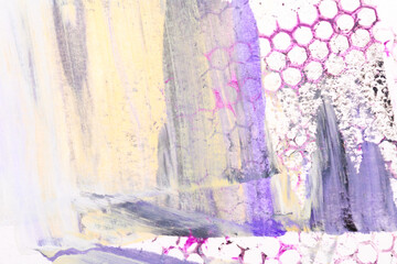 Abstract purple background. Multi-color brush strokes and paint spots on white paper, bright contrasting background, honeycomb cellular print.