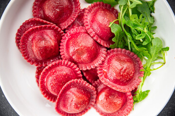 ravioli beetroot red pasta beet food plat appetizer meal food snack on the table copy space food background rustic top view