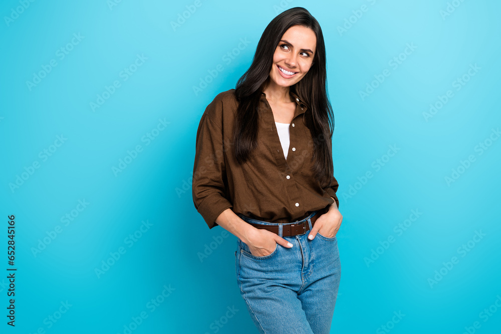 Poster Photo of young thoughtful candid business lady wear casual clothes looking empty space novelty cheerful isolated on blue color background