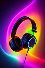 Fototapeta na wymiar headphones in neon light background black ai generative