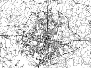 Vector road map of the city of  Khon Kaen in Thailand with black roads on a white background.