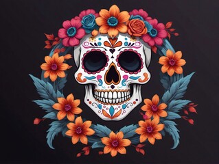 A Skull With Flowers And Leaves On A Black Background
