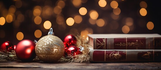 Christmas gifts that promote reading literature and education encompassing the holiday theme of a Christmas tree adorned with decorations and balls