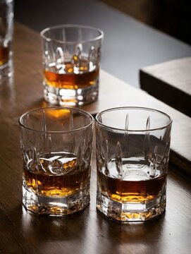 Three Glasses Of Whiskey On A Wooden Table