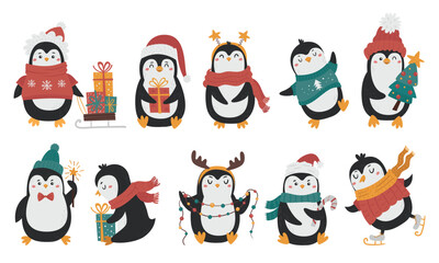 Vector set of cute Christmas penguins