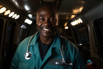 Black Man Paramedic Employee Job Expertise Work Environment Backdrop Generative AI