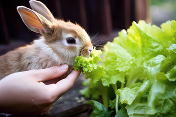 Feeding a cute bunny: lettuce leaves treat - obrazy, fototapety, plakaty