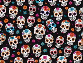 Rolgordijnen Schedel A Lot Of Sugar Skulls With Colorful Flowers And Skulls