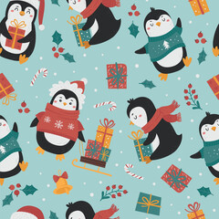 Christmas seamless pattern with cute penguins