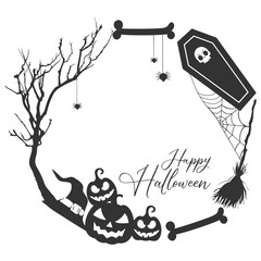 halloween black and white circuler frame concept with tree branches and witch hat