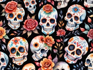 Watercolor Skull Seamless Pattern