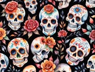 Muurstickers Schedel Watercolor Skull Seamless Pattern