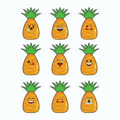 Pineapple cartoon character various expressions icon set.