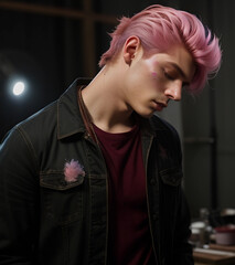 A young man with pink hair on a black background. Generative AI.