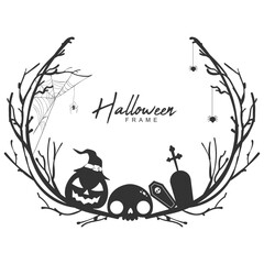 halloween black and white circuler frame concept with tree branches and witch hat