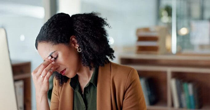Business woman, headache and stress on computer for Human Resources fail, mistake or payroll error online. Professional african person or HR worker with glasses, pain or sad on desktop for bad news