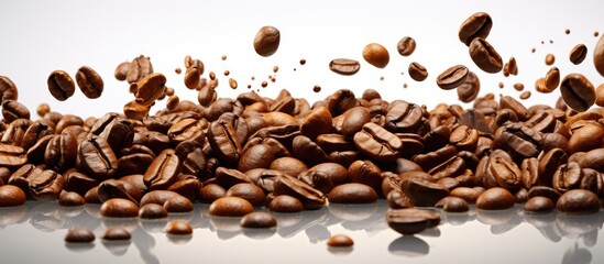 Coffee beans falling on a white background symbolizing breakfast energy freshness and a delightful aroma