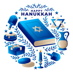 Happy hanukkah jewish holiday illustration with traditional symbols