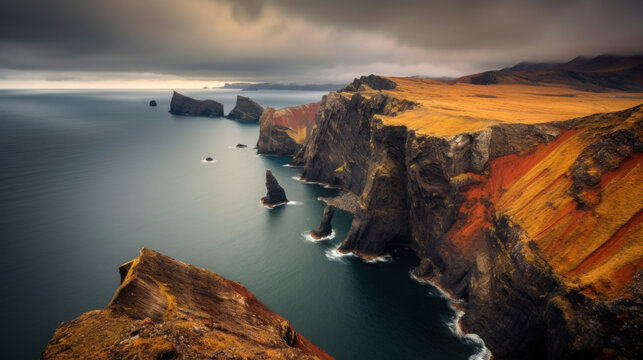 cote escarpée et sauvage, région nordique hostile et froide, volcanique, composée de falaises et de récifs, ciel couvert et orageux