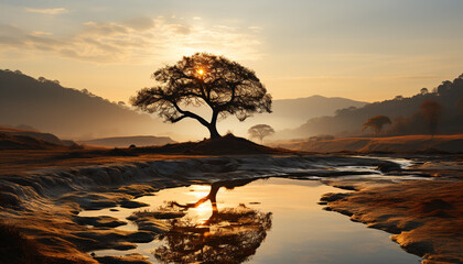 Tranquil scene nature beauty in sunset, Africa silhouette reflects on water generated by AI