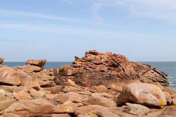 Bizarre cliffs on the Pink Granite Coast on the island of Renote in Brittany