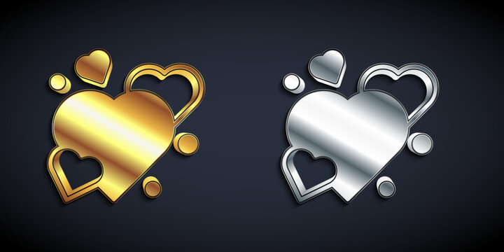 Gold and silver Heart icon isolated on black background. Romantic symbol linked, join, passion and wedding. Happy Valentines day. Long shadow style. Vector