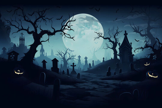 Halloween vector background set in a ghostly graveyard, featuring spectral apparitions under a foggy moon