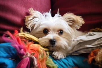 a small dog amid a torn pillow, feathers stuck on its snout