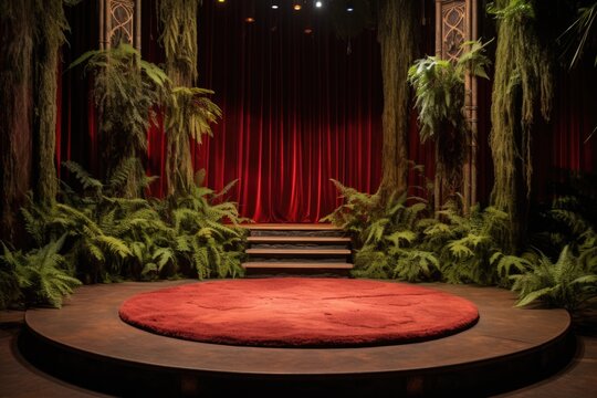 a circular stage encircled by tall redwoods, with ferns carpeting the forest floor