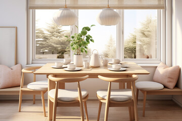 A bright Scandinavian breakfast nook, featuring a wooden dining table, neutral-toned dining chairs, and soft cotton placemats - obrazy, fototapety, plakaty