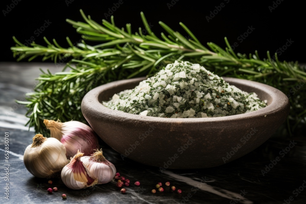 Canvas Prints granite mortar filled with crushed garlic and fresh rosemary sprigs