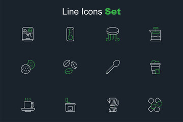 Set line Sugar cubes, Coffee maker moca pot, Manual coffee grinder, cup, Iced, Teaspoon, beans and Cookie or biscuit icon. Vector