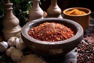 close-up shot of freshly ground spices in a marble mortar