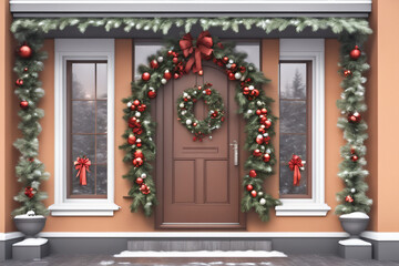 Front door and house with beautiful Christmas decor. Generative Ai
