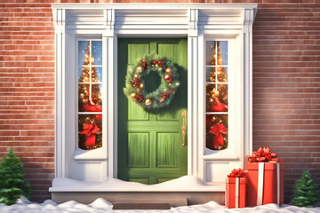 Front door and house with beautiful Christmas decor. Generative Ai
