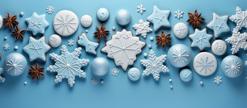 Creative arrangement of isolated gingerbread biscuit collection on a light background resembling a blue seamless pattern for the winter holidays